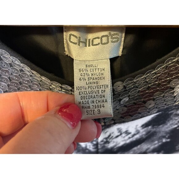 Chico's Geisha Girl Black White Sequined Neckline Colorful Sequin Hem Jacket - Picture 7 of 11
